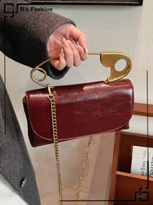 复古勃艮第色单肩包，独特的大胸针手提包，勃艮第色百搭女士斜挎包，适合日常办公使用，时尚勃艮第色包