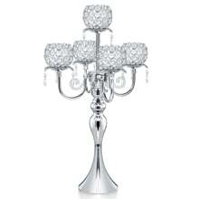 5-Arm Golden/Silvery Crystal Candelabra, 22.5-Inch Tall Wedding Centerpiece, Tabletop Candle Holder For Wedding Decor, Birthday Parties, Festive Celebrations, Living & Dining Room Decor