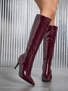 SHEIN ICON 经典尖头女式性感细高跟冬季石纹拉链保暖靴，棕色和酒红色 PU 皮革，及膝靴 - 棕色 - 查看 2