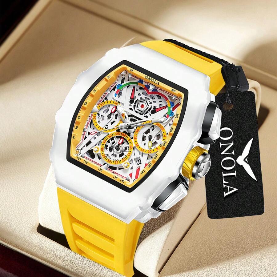 ONOLA Brand Chronograph Quartz Watch For Men Tonneau Dial Sport Waterproof Wristwatch Milk White Silicone Strap Auto Date Watch - Màu vàng - Xem 1