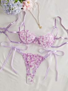 Style Dream 2pcs Women Purple Floral Embroidery Mesh Lace Lingerie Set, Fashion See-Through Tied Design Nightwear Underwear For Valentine's Day Ultrathin Bra - Purple - View 4