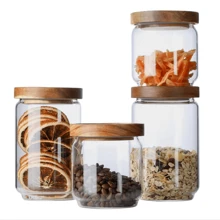 Potes de armazenamento de vidro com tampas, recipientes/potes de cozinha de vidro borossilicato, vêm com tampas herméticas de madeira de acácia, embalagem de 1/2/3/4 conjuntos, 18/26 oz/520/770 ml, estilo minimalista de fazenda, adequado para armazenar massas, aveia, café, especiarias