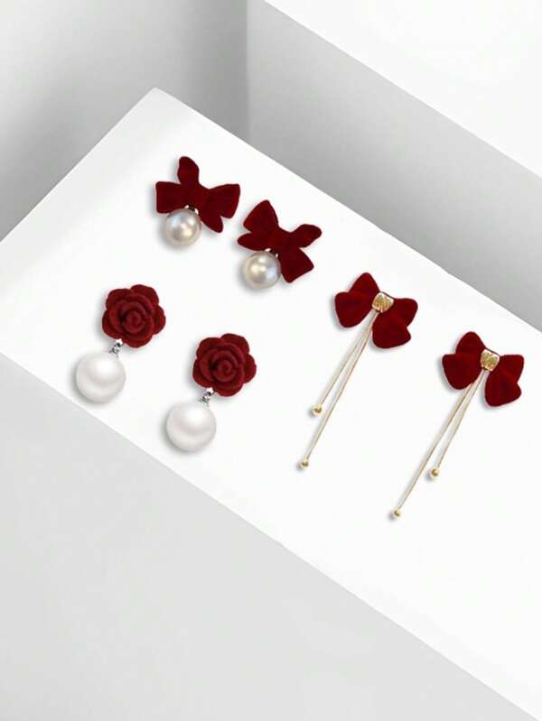 2 pièces Boucles d'oreilles élégantes de petite conception vintage avec nœud papillon rose-rouge, perle et franges, pour un usage quotidien