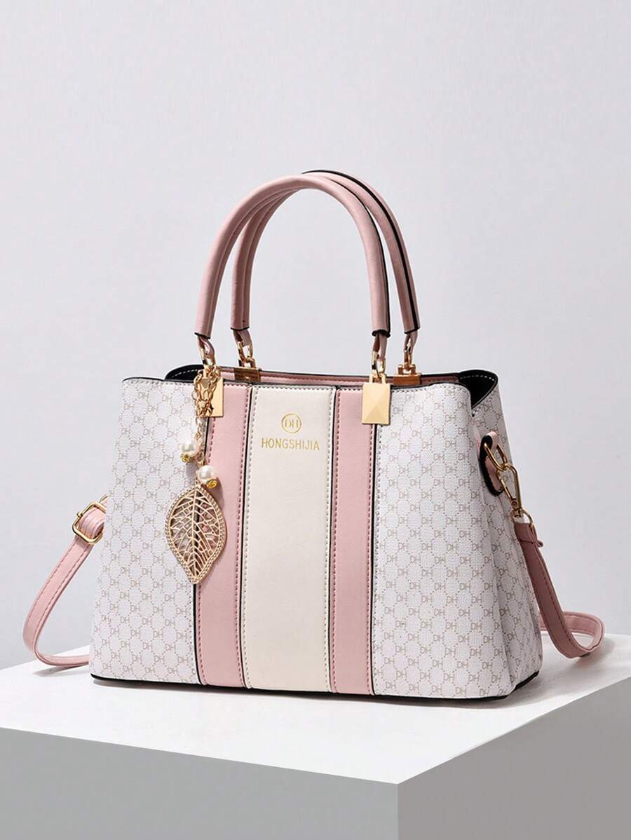 All-Over Printed Pink Handbag, Large-Capacity Square Bag With Leaf Pendant, Mother's Day Gift For Mom, Full-Print Fashion Shoulder Bag, Multifunctional Leaf Faux Pearl Pendant Handbag, Eye-Catching Work Bags For Women, Best Mother's Day Gifts Ever , Mum Gifts - Pink - View 1