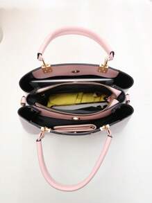 All-Over Printed Pink Handbag, Large-Capacity Square Bag With Leaf Pendant, Mother's Day Gift For Mom, Full-Print Fashion Shoulder Bag, Multifunctional Leaf Faux Pearl Pendant Handbag, Eye-Catching Work Bags For Women, Best Mother's Day Gifts Ever , Mum Gifts - Pink - View 6