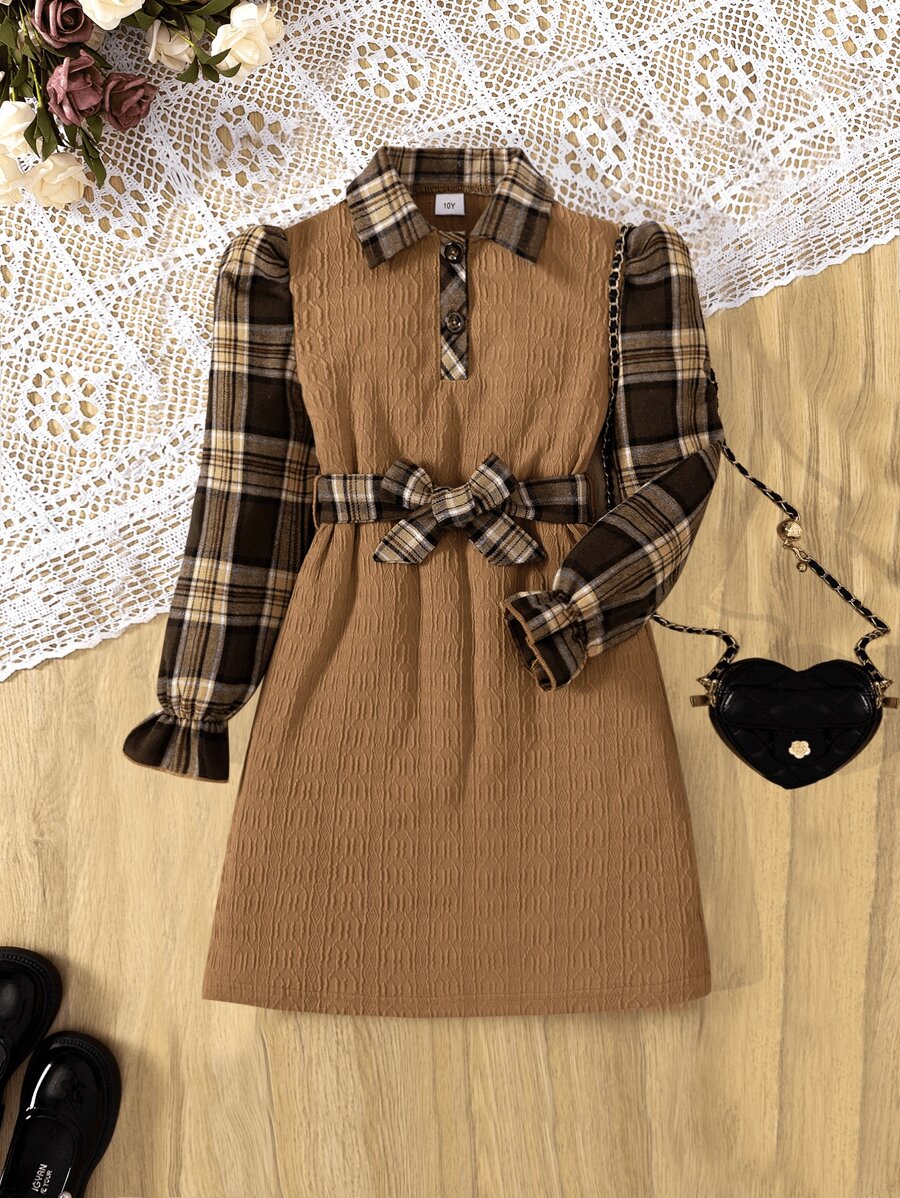 春秋女童加大码杏色纹理针织系带前开襟连衣裙，经典格子领长袖 - 杏色 - 查看 1