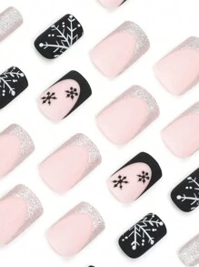 24 Móng tay Giáng sinh đen hình bông tuyết đơn giản kiểu Pháp ngắn hình vuông kèm 1 dải dũa và 1 keo thạch - Nhiều màu - Xem 3