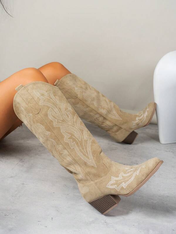 Damen Mode einfarbige Keilabsatz Schlüpf-Stiefeletten mit Stickerei Muster, vielseitig einsetzbar