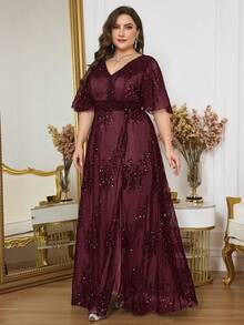 Plus Size Burgundy V-Neck Long Dress With Ruffle Sleeves And Sequin Decor