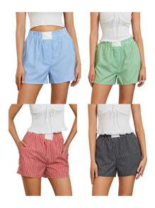 Women's Striped Casual Boxer Shorts Lightweight Wide Leg Mid Rise Summer Short Y2K Elastic Waist Lounge Pj Shorts - Green - View 2