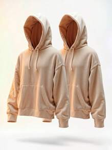 Kit 2 Kangaroo Sweatshirt Hooded Cold Weather Flannel Blouse Women's Men's Sweatshirt Blouse Kit - Bege/Bege - Xem 1