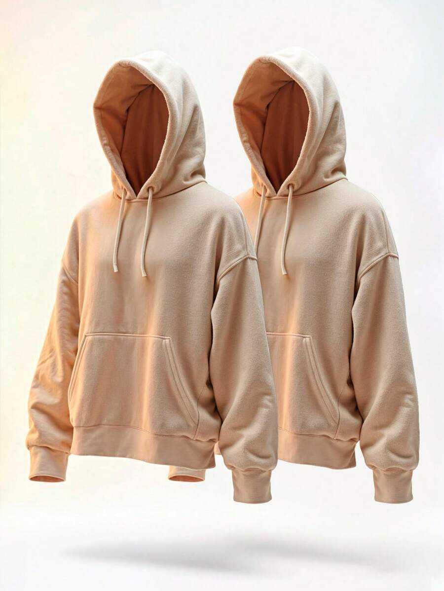 Kit 2 Kangaroo Sweatshirt Hooded Cold Weather Flannel Blouse Women's Men's Sweatshirt Blouse Kit - Bege/Bege - Xem 1