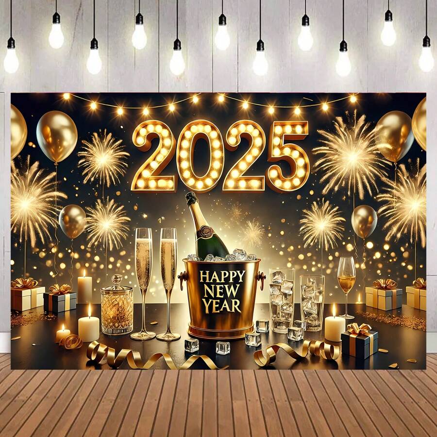 1 Striscione per Festa di Capodanno 2025, con design di Champagne e Fuochi d'Artificio, Nero e Oro, Perfetto per Decorazioni di Capodanno, Servizio Fotografico di Capodanno, Adatto per Camera da Letto, Stanza, Decorazione Esterna, Dimensioni Varie 82,7*59,1/59,1*39,4/39,4*29,5 Pollici