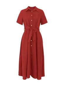 New Style Short-Sleeved Red Elegant Casual Shirt Dress For Autumn, Winter, Spring And Christmas Summer - Burgundy - View 4