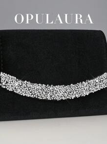 OpulAura 女士优雅秋冬奢华天鹅绒翻盖手拿包，闪亮水钻装饰简约时尚晚宴包，适合正式场合、派对/婚礼/活动、生日/圣诞节礼物，带链条 - 黑色 - 查看 7