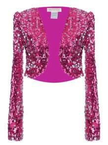 Womens Shiny Sequin Long Sleeve Glitter Cropped Blazer Bolero Shrug - Màu Hoa hồng đỏ - Xem 4
