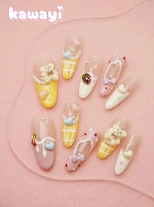 10 件装可爱冰淇淋、法式熊格子、心形手绘日常杏仁形按压式指甲套装 - 彩色 - 查看 12
