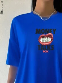 Women's Money Talks T-Shirt Streetwear Printed Blogger Tshirt Cotton Unisex Shirt - Xanh đậm - Xem 2