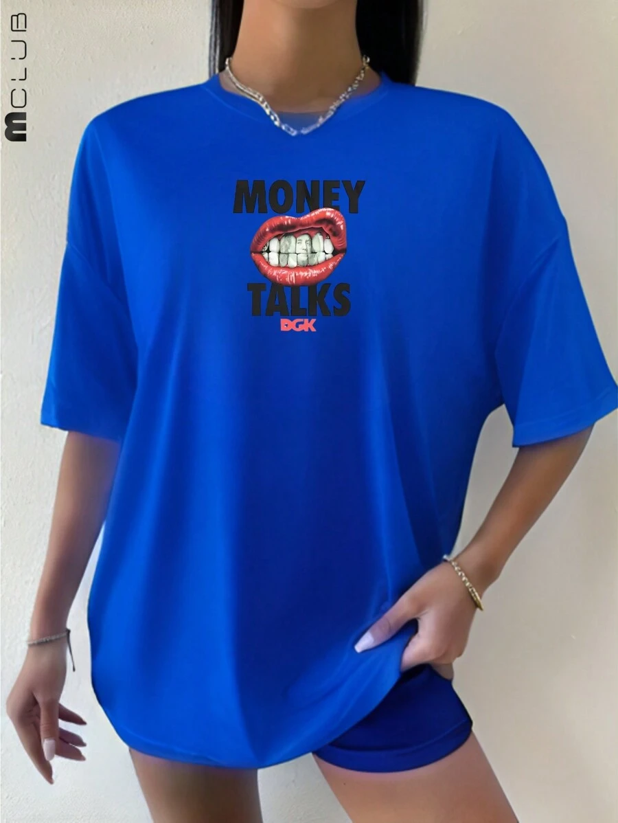 Women's Money Talks T-Shirt Streetwear Printed Blogger Tshirt Cotton Unisex Shirt - Xanh đậm - Xem 1
