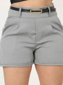 Kit 2 Black And Gray Women's Tailored Shorts With Synthetic Leather Belt - 彩色 - 查看 3