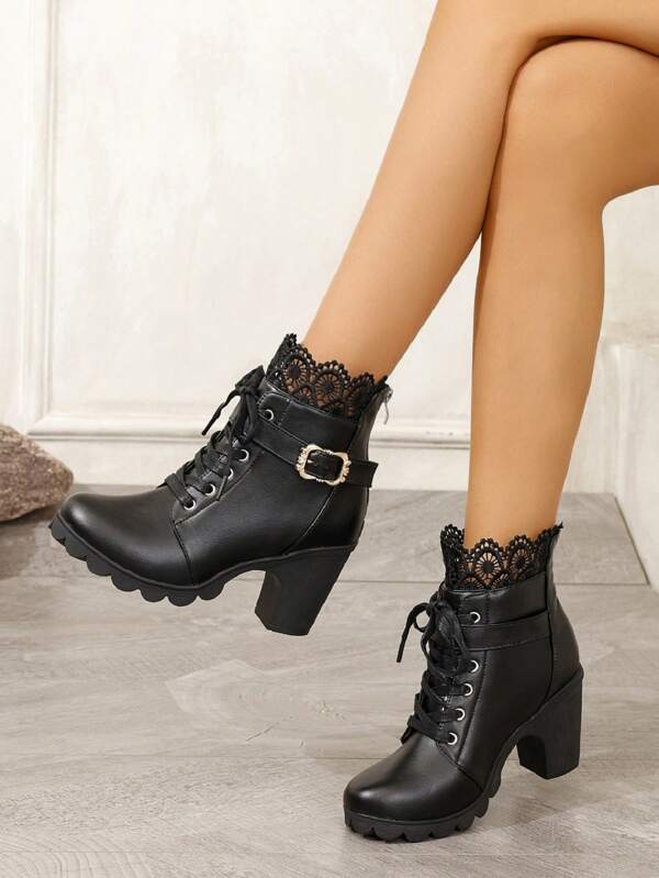 Botines de plataforma con cordones, de suela gruesa, impermeable y tacón ancho para mujer, Otoño/Invierno 2024