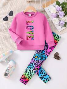 2 件套女孩时尚春秋装，女孩幼儿字母印花针织长袖上衣 + 彩色豹纹松紧腰裤，舒适休闲运动服套装，适合女孩户外派对度假，年轻女孩秋季服装 - 粉色 - 查看 1
