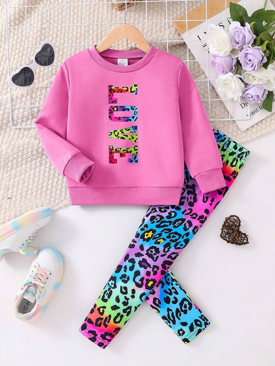 2 件套女孩时尚春秋装，女孩幼儿字母印花针织长袖上衣 + 彩色豹纹松紧腰裤，舒适休闲运动服套装，适合女孩户外派对度假，年轻女孩秋季服装 - 粉色 - 查看 1