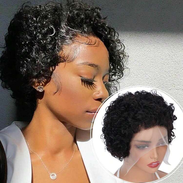 13x1 Pixie Cut Wig Bob Wig Human Hair Chic Curly Lace Front Wigs For Women Human Hair Short Pixie Cut Curly Styled Wigs Natural Black 150% - Black - View 2