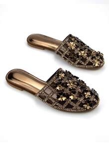 Women's Glamorous Hollow-Out Rhinestone Studded Floral Decorated Bronze-Tone Suede Mesh Casual/Party Flat Mules
