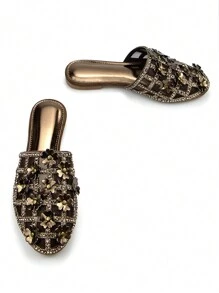 Women's Glamorous Hollow-Out Rhinestone Studded Floral Decorated Bronze-Tone Suede Mesh Casual/Party Flat Mules