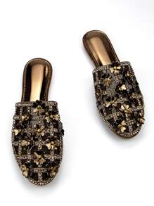 Women's Glamorous Hollow-Out Rhinestone Studded Floral Decorated Bronze-Tone Suede Mesh Casual/Party Flat Mules