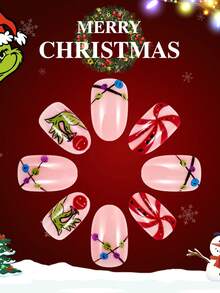 Elevate Your Style With 24pcs Modern, Simple, Fashionable, Classic French Christmas Lights With Pink Background, Sparkling Pink And Green Christmas Fruit, Red Windmill Rotating Stripes, Sweet And Elegant Christmas Party Square Nail Full Coverage Fake Nail Set Nail Products, Suitable For Ladies And Girls' Holiday Parties, Gatherings, Daily Wear - Multicolor - View 2