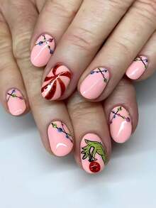 Elevate Your Style With 24pcs Modern, Simple, Fashionable, Classic French Christmas Lights With Pink Background, Sparkling Pink And Green Christmas Fruit, Red Windmill Rotating Stripes, Sweet And Elegant Christmas Party Square Nail Full Coverage Fake Nail Set Nail Products, Suitable For Ladies And Girls' Holiday Parties, Gatherings, Daily Wear - Multicolor - View 1