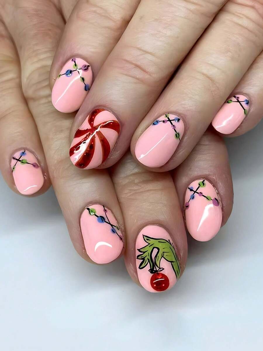 Elevate Your Style With 24pcs Modern, Simple, Fashionable, Classic French Christmas Lights With Pink Background, Sparkling Pink And Green Christmas Fruit, Red Windmill Rotating Stripes, Sweet And Elegant Christmas Party Square Nail Full Coverage Fake Nail Set Nail Products, Suitable For Ladies And Girls' Holiday Parties, Gatherings, Daily Wear - Multicolor - View 1