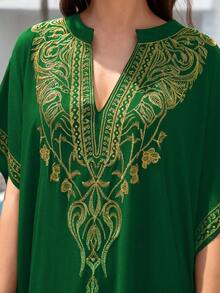 Green Embroidered Arabesque Stand Collar Dress Thobe For Women Dress Caftan - Olive Green - View 3