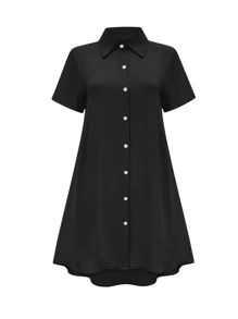 Women's Minimalist Casual Spring & Summer Solid Color Button Short Sleeve Shirt Collar Midi Dress