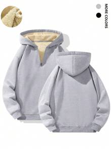 Moletom Masculino Casual com Capuz e Zíper Parcial, Forrado em Fleece, Grosso, Outono/Inverno
