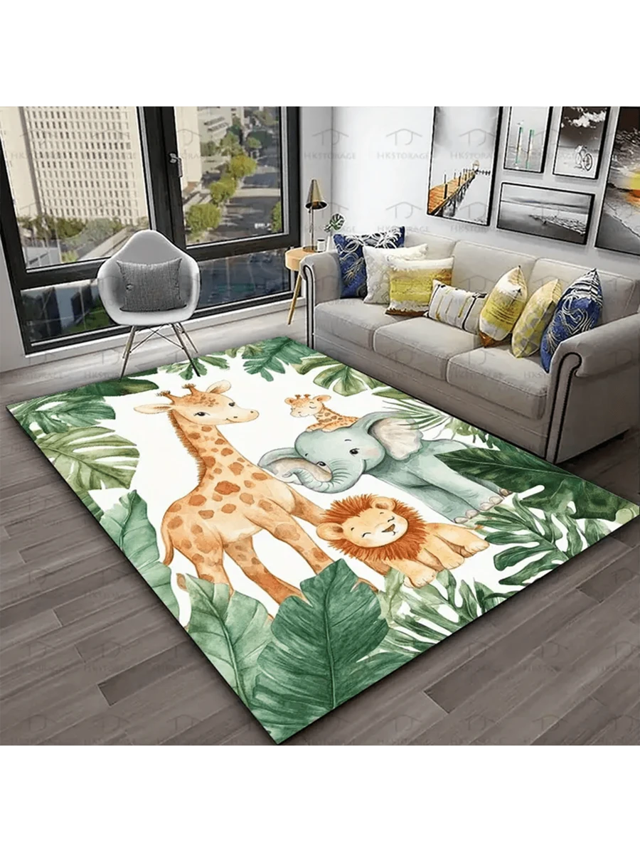 Tapis de zone animaux de safari de la jungle - Tapis en polyester lavable pour bureau, chambre, salon, cuisine, velours cristal, motif forêt girafe éléphant zèbre, tapis cadeau - Multicolore - Voir 1