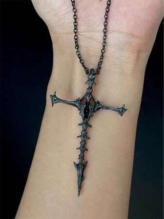 1 件时尚复古男女通用脊椎交叉锁骨链，街头朋克哥特式骷髅吊坠项链