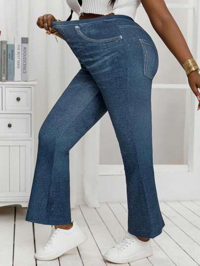Plus Size Denim Effekt Stretch Flare Leggings med hög midja lösa vida ben byxor för vardag och slitage