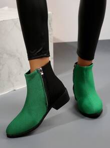 时尚米色拼接黑色踝靴，新款豹纹英伦风户外日常舒适天鹅绒踝靴，百搭女士套穿踝靴，尺码 36-43 - 綠色 - 查看 4