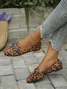 女士金属链装饰方头平底乐福鞋，秋季优雅豹纹一脚蹬休闲鞋，随机图案设计 - 棕豹紋 - 查看 5