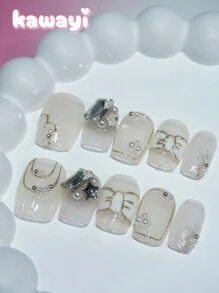 10 件/包超短梯形指甲贴，手绘可爱裸色蝴蝶结珍珠 3D 水钻美甲装饰，优质可重复使用指甲贴纸，适合日常佩戴 - 無色 - 查看 5