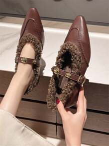 Plush Pointed Toe Ballet Flats For Women, French Style Low Vamp Flat With Warm Lining Mary Jane Shoes, Winter New Arrival