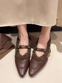 Plush Pointed Toe Ballet Flats For Women, French Style Low Vamp Flat With Warm Lining Mary Jane Shoes, Winter New Arrival