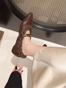 Plush Pointed Toe Ballet Flats For Women, French Style Low Vamp Flat With Warm Lining Mary Jane Shoes, Winter New Arrival