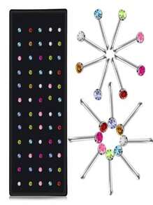 60pcs Stainless Steel Straight Bar Round Rhinestone Nose Studs, Suitable For Men & Women - Multicolor - View 1