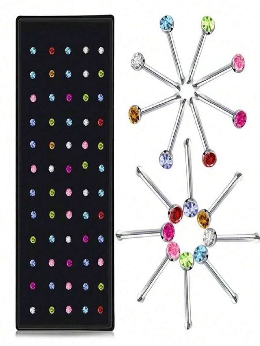 60pcs Stainless Steel Straight Bar Round Rhinestone Nose Studs, Suitable For Men & Women - Multicolor - View 1