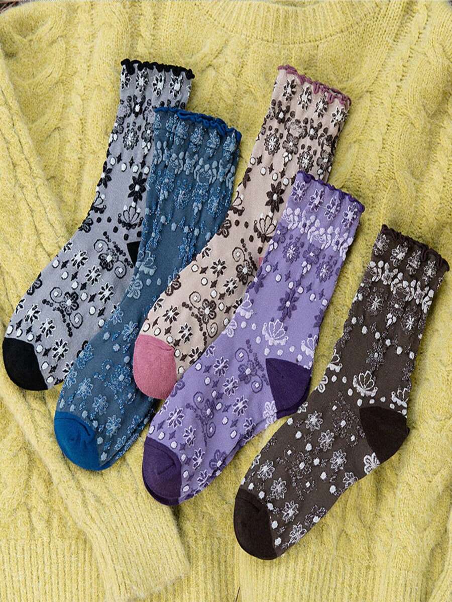 5 đôi tất dài đến bắp chân họa tiết hoa phong cách cung điện cổ điển dành cho nữ, họa tiết hoa nhỏ nổi có viền ren thời trang, chất liệu polyester pha trộn thoải mái và thoáng khí, đa năng cho mục đích sử dụng hàng ngày, thường ngày, ngoài trời, du lịch, chụp ảnh, mặc ở nhà, mọi mùa - Nhiều màu - Xem 1