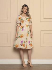 Women's Midi Dress | Crepe With Elastec L Polka Dots L Off The Shoulder. - Apricot - View 2